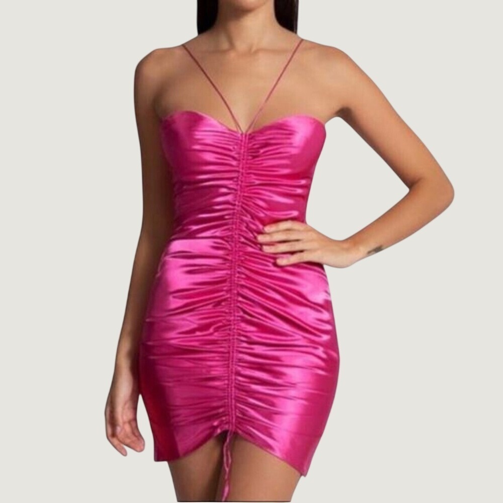 Meshki Harley Ruched Front Mini Dress Pink Satin Party Barbiecore Medium FLAWS
